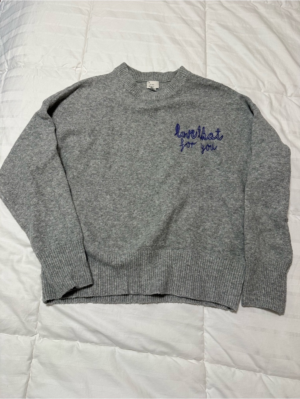 a new day Gray Crewneck Sweater with Blue Script